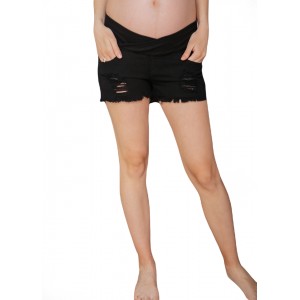 Рваные джинсовые шорты под живот для беременных Черные